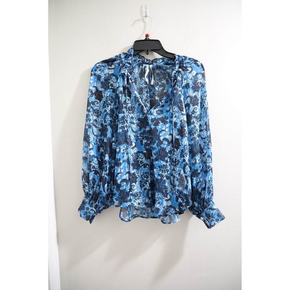 Anthropologie Blouse Womens XS Floral Print Sheer Long Sleeve Tie Neck Blue